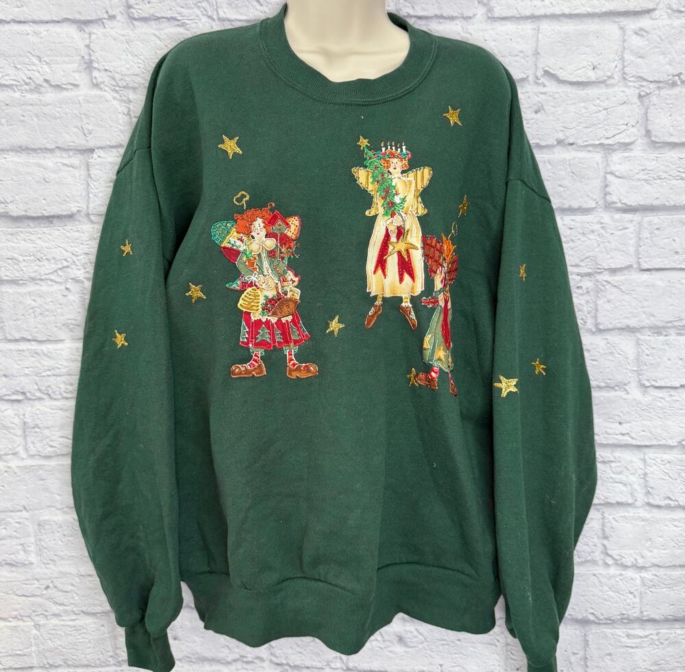 Vintage Jerzees Crewneck Christmas Sweatshirt Size XL Green Puffy Paint Angels